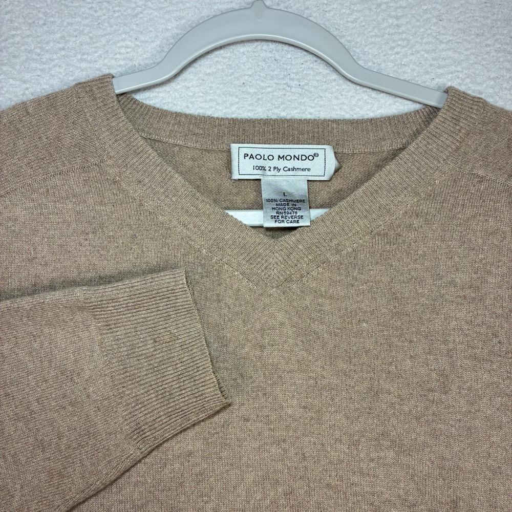 Vintage Paolo Mondo Cashmere Sweater Men L Tan V Neck Preppy Luxury 2 Ply 90s